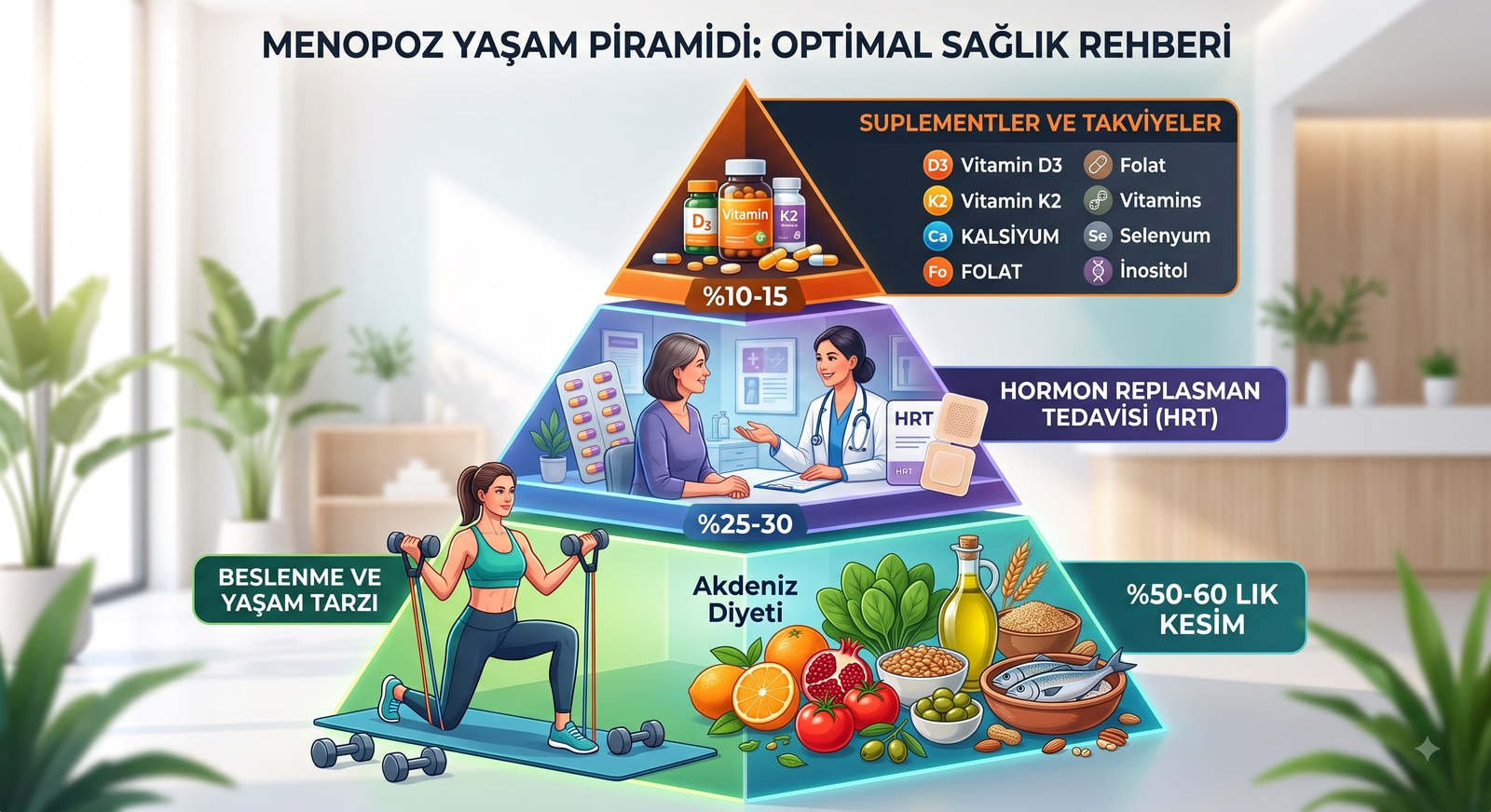 Menopoz yaşam piramidi: tabanda beslenme ve yaşam tarzı %50-60, ortada hormon replasman tedavisi %25-30, tepede suplementler %10-15